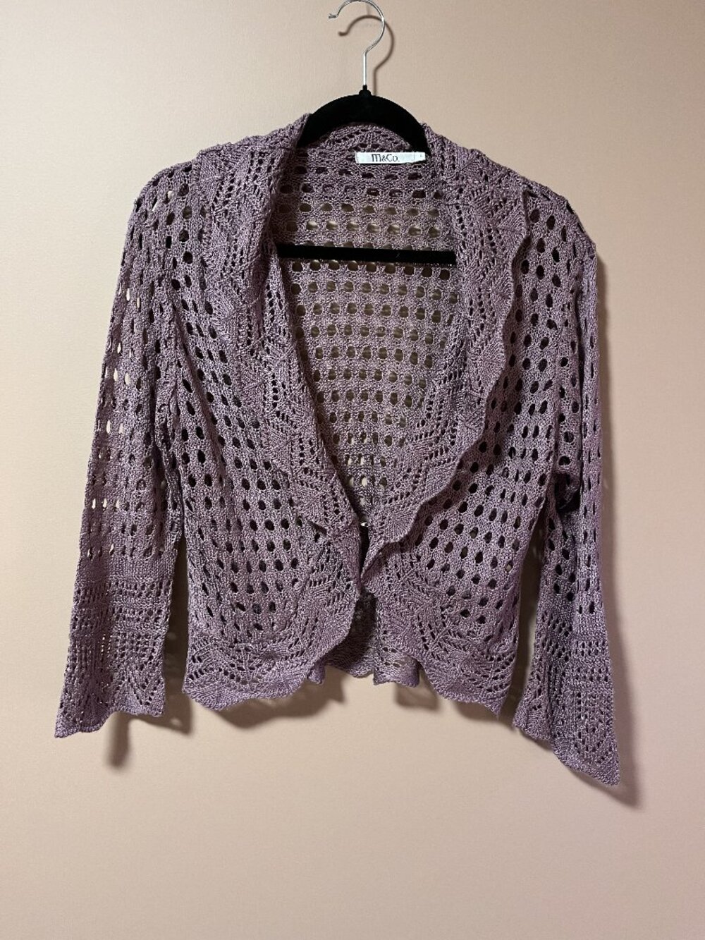 M&Co mauve Boho open front textured crochet knit bolero shrug cardigan Sz L